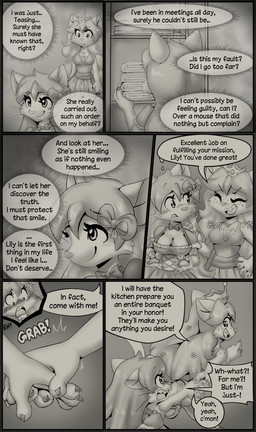 accessory anthro bed_sheet bedding bedroom big_breasts blush blush_lines bow_ribbon bow_tie breasts cat_tail claws clothed clothing confuse crown dialogue dress duo eyelashes female female/female finger_claws flower flower_in_hair footwear freckled_face freckled_shoulders freckles grabbing_hand hair hair_accessory headgear inner_thoughts jewelry long_eyelashes long_hair maid_uniform male motion_lines necklace plant regret running servant sharp_teeth shocked shoes small_breasts smile stunned surprised teeth tuft uniform muhny lily_(muhny) princess_nino_(muhny) domestic_cat felid feline felis mammal mouse murid murine rodent comic hi_res