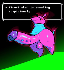anthro armless big_penis blush bodily_fluids clothing genital_piercing genitals huge_penis hyper hyper_genitalia hyper_penis male penis penis_piercing piercing pink_body simple_background spiral spiral_eyes sweat sweaty_genitalia sweaty_legs sweaty_thighs text text_box thick_thighs topwear conditional_dnp kinkykong deltarune undertale_(series) darkner virovirokun absurd_res english_text hi_res