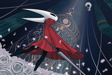 2_horns ambiguous_gender battle biped black_body black_eyes cloak clothed clothing duo empty_eyes flower holding_melee_weapon holding_object holding_weapon horn looking_at_another melee_weapon plant red_cloak red_clothing standing thread weapon white_body white_eyes white_flower lunurday hollow_knight:_silksong hollow_knight_(franchise) team_cherry hornet_(hollow_knight) lace_(hollow_knight:_silksong) arthropod 2026 hi_res
