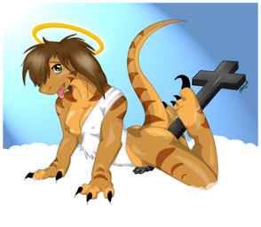 3_claws 3_fingers 3_toes all_fours anthro areola arm_support band_(marking) bangs biped black_claws blush bodily_fluids border breasts brown_areola brown_body brown_hair brown_markings brown_nipples brown_tail christian_cross christian_symbol claws clothed clothing cross curved_claws dark_claws dark_pupils feet female finger_claws fingers genital_fluids green_eyes hair halo improvised_sex_toy light_border light_clothing long_hair looking_at_viewer markings masturbation monotone_clothing nipples non-mammal_breasts non-mammal_nipples open_mouth orange_body orange_breasts orange_tail pink_tongue pupils religion religious_symbol sacrilegious sex_toy skimpy snout solo stripes tail tail_markings tapering_tail teeth toe_claws toes toga tongue tongue_out toying_self vaginal vaginal_fluids vaginal_masturbation wavy_tail white_border white_clothing white_toga year splashsilver christianity raptor_jesus scalie 2007 signature