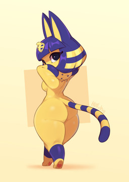anthro armor bangs big_butt blue_ears blue_hair bob_cut breasts butt clothing exposure_variation female hair legwear looking_at_viewer looking_back looking_back_at_viewer markings nude pawpads shortstack shortstack_female solo striped_markings striped_tail stripes tail tail_markings thick_thighs vambrace wide_hips yellow_body yellow_inner_ear huffslove animal_crossing nintendo ankha_(animal_crossing) domestic_cat felid feline felis mammal 2022 hi_res