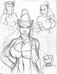 2010 annoyed anthro bayonetta big_breasts black_and_white black_nose breasts canid canine canis cleavage clothed clothing eyebrows eyelashes eyewear female fully_clothed glasses group half-closed_eyes hat headgear headwear inner_ear_fluff looking_at_viewer mammal mature_anthro mature_female max_blackrabbit monochrome narrowed_eyes navel platinumgames raven_hunt scarf simple_background sketch solo traditional_media_(artwork) tuft white_background wolf