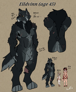 age_difference anthro dad_body eye_patch eyewear facial_scar female male male/female older_male scar scarred_body text acev eildvinn_(acev) aasimar canid canine canis mammal wolf absurd_res english_text hi_res model_sheet reference_image