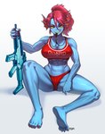 abs assault_rifle big_breasts blue_body blue_eyes blue_skin breasts clothing collarbone eyebrows eyelashes feet female frill_(anatomy) glistening glistening_body glistening_skin gun hair lifeguard looking_at_viewer midriff navel ponytail ranged_weapon red_clothing red_hair red_swimwear rifle short_hair sitting smile smiling_at_viewer soles solo swimwear weapon whistle_(object) whistle_in_mouth xm8 yellow_sclera pgm300 undertale_(series) undyne fish humanoid marine 2023 absurd_res hi_res