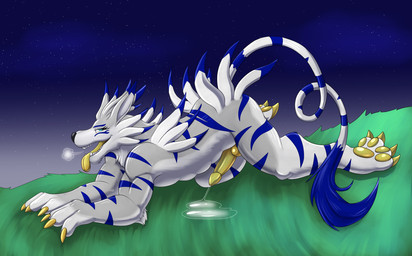 4_toes abs all_fours alternate_species animal_genitalia animal_penis anthro arm_tuft athletic athletic_anthro athletic_male back_tuft black_nose blue_eyes blue_markings blue_stripes bodily_fluids breath canine_genitalia canine_penis chest_tuft claws cum cum_on_ground cumshot curled_tail digitigrade dipstick_ears ear_markings ears_back ejaculation elbow_tuft erection feet finger_claws fingers fur genital_fluids genitals grass grey_body grey_fur half-closed_eyes head_tuft knot looking_pleasured male markings multicolored_ears narrowed_eyes neck_tuft night nude open_mouth organs outside panting pawpads paws pecs penis pivoted_ears plant shoulder_tuft sky smile solo star stripes tail tail_tuft teeth toe_claws toes tongue tongue_out tuft white_body white_fur yellow_claws yellow_pawpads yellow_penis yellow_tongue heart-of-a-dragoness bandai_namco digimon beauwolfhusky digimon_(species) weregarurumon hi_res shaded