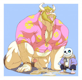 anthro beard belly blonde_hair blue_background blue_eyes blush bodily_fluids body_hair bone bottomless chest_hair clock clothed clothing cum cum_on_ground cumshot duo ejaculation erection facial_hair fangs fur genital_fluids genitals hair hands-free horn humanoid_genitalia humanoid_penis jacket long_ears male mature_anthro mature_male musclegut muscular muscular_male open_mouth orgasm overweight penis simple_background skeleton teeth tongue tongue_out topwear watch manlyster undertale undertale_(series) asgore_dreemurr sans_(undertale) animated_skeleton boss_monster_(undertale) bovid caprine humanoid mammal undead 2015 digital_media_(artwork) hi_res