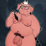 1:1 anthro balls body_hair domestic_pig ear_piercing eyewear foreskin genitals glasses green_eyes hair hairy_balls hi_res izakk long_foreskin male mammal moobs overweight overweight_male penis piercing pink_body pubes sex_toy slightly_chubby smug solo suid suina sus_(pig) thick_penis tight_foreskin white_hair