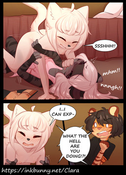 anthro bed blush breasts clothing covering covering_mouth dialogue female furniture gloves handwear loli markings nipples nude shota small_breasts sound_effects tail text young young_anthro young_female aoizuri amalia_(claralaine) ghost_(claralaine) ken_(claralaine) domestic_cat felid feline felis ghost mammal spirit comic english_text hi_res url stepbrother_(lore) stepbrother_and_stepsister_(lore) stepsibling_(lore) stepsister_(lore)