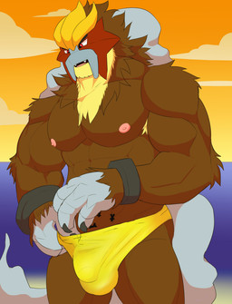 abs anthro anthrofied biceps biped brown_body brown_fur clothed clothing fur macro male muscular muscular_anthro muscular_male muscular_thighs nipples pecs pink_nipples solo_focus speedo speedo_only swimwear topless yellow_clothing yellow_speedo yellow_swimwear intimatewolf nintendo pokemon entei generation_2_pokemon legendary_pokemon pokemon_(species) 2017 colored hi_res