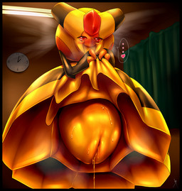 anthro arthropod_abdomen arthropod_abdomen_genitalia arthropod_abdomen_vulva black_border blush bodily_fluids border clock ellipsis female feral food genitals heart_symbol honey_(food) red_eyes solo sweat vulva bamia third-party_edit nintendo pokemon arthropod bee generation_4_pokemon hymenopteran insect pokemon_(species) vespiquen digital_media_(artwork)