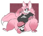 anthro balls blue_sclera cheek_tuft clothing erection erection_under_clothing facial_tuft flexing flexing_bicep fur genitals hair humanoid_genitalia humanoid_penis male one_eye_closed panties penis pink_body pink_fur pink_hair shirt smile smirk smug smug_face solo spread_legs spreading t-shirt thick_thighs topwear tuft underwear vein veiny_penis white_body white_fur wide_hips wink xingscourge cheshire_(xingscourge) alien ambiguous_species monster 2019