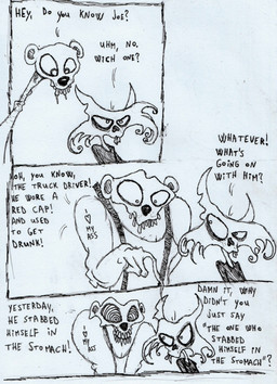 anthro arm_tattoo bilemirth dialogue duo ink male morbid simple_background speech_bubble tattoo teeth text unhappy893 bear felid feline lynx mammal absurd_res comic english_text hi_res monochrome traditional_media_(artwork)