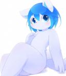 4_fingers anthro biped black_nose blue_arms blue_body blue_eyes blue_fur blue_hair blue_inner_ear blue_legs blush bodily_fluids body_blush butt eye_glint fingers fur glistening glistening_body hair kemono looking_at_viewer male nipples nude paws sitting solo sweat white_body white_fur young young_anthro aoino spica_(aoino) canid canine canis domestic_dog mammal digital_media_(artwork) hi_res shaded