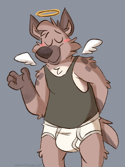 angel_halo anthro black_clothing black_shirt black_tank_top black_topwear blush briefs brown_nose bulge clothed clothing eyes_closed feathered_wings feathers fur grey_background grey_body grey_fur grey_seam_briefs grey_text halo hand_behind_back male markings pantsless pantsless_anthro pantsless_male shirt simple_background smile solo spots spotted_markings tank_top tighty_whities topwear underwear white_briefs white_clothing white_underwear wings mushketeery mushy_(mushketeery) mushy_(mushketeteery) hyena mammal 2025 hi_res