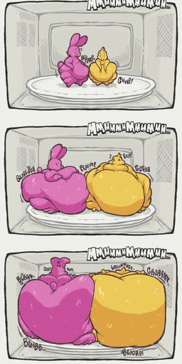 ambiguous_gender anthro appliance belly belly_expansion big_belly big_butt body_size_growth butt candy cheek_tuft dessert distressed duo expansion facial_tuft fat_arms five_frame_sequence food hand_on_belly head_tuft huge_belly huge_butt huge_thighs hyper hyper_inflation immobile inflation kitchen_appliance leg_rolls marshmallow microwave_oven morbidly_obese morbidly_obese_ambiguous morbidly_obese_anthro nude nude_anthro obese obese_ambiguous obese_anthro onomatopoeia overweight overweight_ambiguous overweight_anthro pink_body size_transformation sound_effects standing tail text thick_thighs transformation tuft uncomfortable weight_gain yellow_body rushrabbit peeps animate_inanimate avian bird chicken food_creature galliform lagomorph leporid mammal phasianid rabbit absurd_res comic hi_res sequence