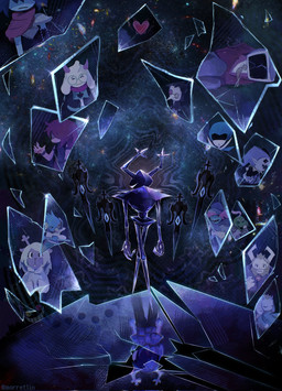 altered_reflection ambiguous_gender anthro antlers armless armor blood bodily_fluids clothed clothing clown crown eyewear female flower fur glass_shards glasses hair hair_over_eyes headgear heart_symbol helmet heterochromia horn jester looking_at_viewer looking_back male melee_weapon missing_arm obscured_eyes plant pose reflection scales shattered_glass sleeping solo soul sword weapon morretlin deltarune mythology undertale_(series) berdly dess_holiday friend_(deltarune) gerson_boom_(deltarune) jevil_(deltarune) kris_(deltarune) noelle_holiday queen_(deltarune) ralsei roaring_knight spamton_g._spamton susie_(deltarune) tenna_(deltarune) undyne avian bird boss_monster_(undertale) bovid caprine darkner deer digital_creature dragon fish goat human lightner mammal marine mythological_creature mythological_scalie scalie soul_(undertale) 2025 detailed digital_drawing_(artwork) digital_media_(artwork) hi_res