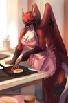 anthro apron apron_only beak bed clothed clothing collared_shirt container cooking cookware cup dress_shirt egg feathered_wings feathers female food frying_pan furniture inside kitchen kitchen_utensils making_breakfast meat mug plant plate red_body red_eyes red_feathers sausage shirt solo tail tools topwear towel window wings kirkir mythology fear_(terrorwing) red_baron avian gryphon mythological_avian mythological_creature 2022 digital_drawing_(artwork) digital_media_(artwork) hi_res signature