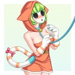 accessory bell bell_collar belt blush breasts clothing collar covered_breasts dress female gloves green_hair hair handwear hood leash leash_pull mask not_furry paw_gloves ribbons short_hair solo neonway mario_bros nintendo humanoid shyguy 1:1