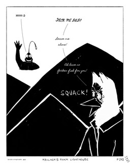 4_fingers angry anthro beak big_eyes black_beak black_clothing black_jacket black_topwear border clothing collared_jacket dialogue duo eye_veins eyebrows fingers gesture jacket lure_(anatomy) male rock solo text topwear waving waving_hand white_border zero_pictured sharkinthepark anvil_(sharkinthepark) maccaw_(sharkinthepark) anglerfish avian bird fish marine owl 2025 4:5 absurd_res black_and_white comic english_text hi_res monochrome