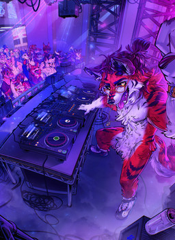 anthro audience biped black_body black_fur clothing crotch_tuft crowd detailed_background disc_jockey eyewear featureless_feet feet footwear footwear_only fur glasses group hair jewelry looking_at_viewer male male_anthro monster_energy_can mostly_nude multicolored_body multicolored_fur necklace red_body red_fur shoes shoes_only sneakers sneakers_only solo_focus standing striped_body striped_fur stripes tongue tongue_out tuft turntable_(decks) whiskers white_body white_fur white_monster yellow_eyes majmajor monster_energy dox_drakes canid canine canis domestic_dog fox hyena mammal sergal 2026 digital_media_(artwork) hi_res