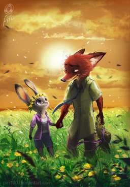 amazing_background anthro bottomwear clothed clothing cloud detailed_background dipstick_ears duo ear_markings female fur gloves_(marking) grass grey_body grey_fur hand_holding hat headgear headwear looking_at_another male male/female markings multicolored_ears necktie orange_body orange_fur pants plant purple_eyes scenery shirt shorts sky sun text topwear pin100 disney zootopia judy_hopps nick_wilde canid canine fox lagomorph leporid mammal rabbit detailed url