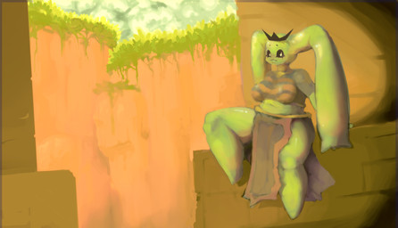 anthro belly big_breasts big_ears black_sclera bottomwear breasts clothing crop_top crown detailed_background female headgear loincloth midriff navel ruins shirt slightly_chubby slime solo thick_thighs topwear rosiamn atlyss slime_diva goo_creature lagomorph mammal hi_res
