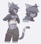ambiguous_gender anthro blush blush_lines bodily_fluids clothed clothing clothing_lift fur green_eyes grey_body grey_clothing grey_fur grey_hair grey_sweater grey_topwear hair kemono midriff shirt shirt_lift simple_background solo sweat sweater tail text topwear notglacier silvermist_(notglacier) domestic_cat felid feline felis mammal 2017 absurd_res artist_name bust_portrait digital_drawing_(artwork) digital_media_(artwork) english_description hi_res portrait three-quarter_portrait male_(lore)