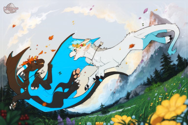 ambiguous_gender black_body black_claws black_scales blue_body blue_eyes blue_fur blue_membrane blue_scales claws detailed_background duo feral fur grass membrane_(anatomy) membranous_wings pawpads pink_pawpads plant scales white_body white_fur white_scales wings cocodrops_(artist) mythology dragon furred_dragon furred_scalie mythological_creature mythological_scalie scalie 3:2 hi_res