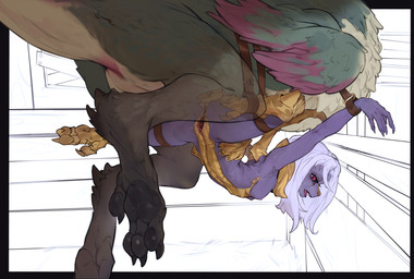 anthro arms_tied barn bdsm belly_riding bondage bound breasts claws cuff_(restraint) female feral genitals imminent_sex legs_tied male red_eyes restraints small_breasts vulva anonymous_artist capcom final_fantasy final_fantasy_xiv monster_hunter mythology square_enix nael_deus_darnus bird_wyvern dragon mythological_creature mythological_scalie scalie seikret absurd_res hi_res
