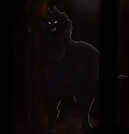 anthro belly big_belly big_breasts black_body black_fur black_hair breasts clawing clawing_tree claws dark eye_scar facial_scar fangs featureless_breasts female forest fur glowing glowing_eyes hair looking_at_viewer naughty_face navel nude obese obese_anthro obese_female overweight overweight_anthro overweight_female plant scar sharp_teeth smile solo standing teeth tree yellow_eyes milkboners canid canine canis mammal wolf hi_res