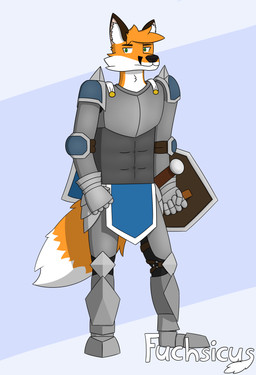 anthro armor cape clothing fur hair knight male melee_weapon shield simple_background solo standing stare sword warrior weapon fuchsicus alexander_(fuchsicus) canid canine fox mammal 2022 absurd_res colored digital_drawing_(artwork) digital_media_(artwork) hi_res signature
