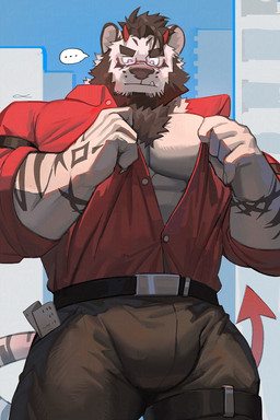 abs ahoge anthro armband barazoku beard belt big_bulge bottomwear bulge chest_tuft city cityscape clothed clothing ellipsis eyewear facial_hair facial_markings fangs fully_clothed glasses hair head_markings horn looking_at_viewer looking_down looking_down_at_viewer low-angle_view male markings muscular muscular_arms muscular_male open_clothing open_shirt open_topwear pants pecs shirt solo spade_tail stripes tail teeth topwear tuft uriex ambiguous_species felid mammal pantherine tiger 2:3 hi_res