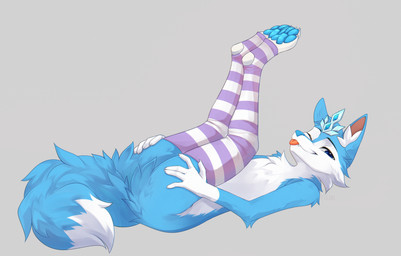anthro blue_body blue_eyes blue_fur clothing footwear fur legwear male pattern_clothing pattern_legwear pattern_stockings paws socks solo stockings striped_clothing striped_legwear striped_stockings stripes tongue tongue_out white_body white_fur filoubee absurd_res hi_res