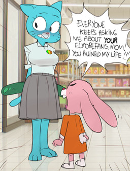 accessory age_difference angry anthro barefoot big_breasts big_ears big_eyes big_mouth_(anatomy) biped black_blush black_eyebrows black_eyes black_markings black_text blue_body blue_ears blue_fur blue_tail blurred_background blush blush_lines blushing_profusely bodily_fluids bold_text bottomwear breasts buckteeth clenched_teeth clothed clothed_anthro clothed_female clothing collared_shirt cucumber decorative_pin dialogue dress duo eyebrows eyelashes eyeless facial_markings feet female fingers fist floor floppy_ears food footwear fruit fully_clothed fully_clothed_anthro fully_clothed_female fur glistening grey_clothing grey_shirt grey_topwear grocery_store hands_behind_back head_markings holding_cucumber holding_object humor inside iris larger_female light_body light_fur long_eyelashes looking_aside looking_at_another looking_up looking_up_at_another markings mature_anthro mature_female monotone_tail motion_lines motion_outline multicolored_clothing multicolored_dress muzzle_(marking) nervous no_pupils older_female open_mouth phallic phallic_food pin_accessory pin_button pink_body pink_ears pink_fur pink_nose pink_tongue plant plantigrade pointy_ears pointy_speech_bubble prick_ears pun radial_speed_lines red_nose rolled_up_sleeves screencap screencap_background scut_tail shirt short_tail size_difference skirt smaller_female snout socks speech_bubble speed_lines standing store straight_legs sweat sweatdrop tail talking_to_another teeth text text_emphasis thin_eyebrows three-quarter_view tile tile_floor tongue tongue_out topwear two_tone_clothing two_tone_dress whisker_markings white_clothing white_footwear white_markings white_sclera white_shirt white_socks white_speech_bubble white_tail white_topwear yelling yelling_at_another young young_anthro young_female younger_female dbaru third-party_edit cartoon_network the_amazing_world_of_gumball anais_watterson nicole_watterson domestic_cat felid feline felis lagomorph leporid mammal rabbit 2025 color_edit colored digital_drawing_(artwork) digital_media_(artwork) english_text hi_res daughter_(lore) mother_(lore) mother_and_child_(lore) mother_and_daughter_(lore) parent_(lore) parent_and_child_(lore) parent_and_daughter_(lore)