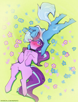 blue_body blue_fur blue_hair blush cutie_mark duo female female/female feral feral_on_feral flower fur grass hair horn lying multicolored_hair on_back plant purple_body purple_eyes purple_fur purple_hair smile text two_tone_hair nepentz friendship_is_magic hasbro my_little_pony mythology starlight_glimmer_(mlp) trixie_(mlp) equid equine mammal mythological_creature mythological_equine unicorn 2025 absurd_res hi_res url