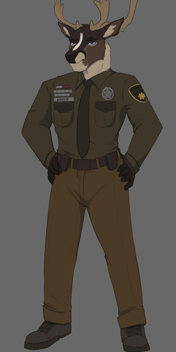 accessory anthro badge blue_eyes brown_body brown_fur clothed clothing fully_clothed fur grey_background hands_on_hips male name_tag necktie police police_uniform sheriff sheriff_badge simple_background solo standing tan_body tan_fur uniform lady-darkstreak deer mammal new_world_deer reindeer absurd_res hi_res
