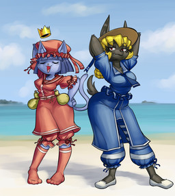 anthro beach big_breasts black_body black_fur blonde_hair blue_body blue_clothing blue_fur blue_hair blue_swimwear bonnet breasts clothing crown duo female flats_(shoes) floating_crown footwear fur hair hands_behind_head headgear headwear pose red_bonnet red_clothing red_swimwear sailor_collar seaside shoes small_breasts socks swimwear victorian_clothing wide_hips mario-grant anubiel_(mario-grant) cat_witch_(smekbo) canid canine canis deity domestic_cat felid feline felis jackal mammal 2026 hi_res
