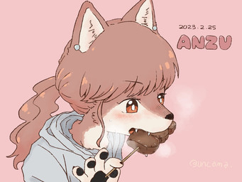 5_fingers anthro blush claws clothed clothing ear_piercing eating fangs female female_anthro finger_claws fingers food fur hair hoodie kebab kemono meat multicolored_body multicolored_fur pawpads piercing ponytail sharp_teeth solo teeth text topwear two_tone_body two_tone_fur buncama anzu_(buncama) canid canine mammal 2023 4:3 artist_name character_name dated digital_media_(artwork) hi_res
