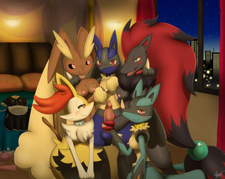 3_fingers animal_genitalia animal_penis anthro anthro_on_anthro balls bed black_body black_fur blue_body blue_eyes blue_fur blush bra branch breasts brown_body brown_fur building canine_genitalia canine_penis clothing collar collar_only detailed_background erection fangs female fingers fivesome fur furniture genitals group group_sex hair handjob harem heart_eyes heart_symbol holding_balls hug inside knot looking_at_viewer maid_uniform male male/female multicolored_body multicolored_fur nipples nude open_mouth penile penis pink_eyes pink_nipples red_eyes red_hair sex star tan_body tan_fur teeth tongue tongue_out underwear uniform white_body white_fur window yellow_body yellow_fur winick-lim nintendo pokemon leon_(asmash4lucario) braixen generation_4_pokemon generation_5_pokemon generation_6_pokemon lopunny lucario pokemon_(species) zoroark 2017 hi_res
