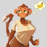 anthro banana big_breasts breasts brown_body brown_fur cleavage clothed clothing ear_piercing ear_ring female food front_view frown fruit fur panties pantsless_anthro pantsless_female piercing plant ring_piercing shirt simple_background solo t-shirt topwear underwear talons_tw haplorhine mammal monkey primate hi_res