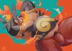 anthro armpit_hair belly big_belly black_body body_hair bulge clothed clothing detailed_bulge kemono lingerie male musclegut muscular nipples orange_body overweight overweight_male red_body skimpy solo benoitxie nintendo pokemon emboar generation_5_pokemon pokemon_(species) 2022 hi_res