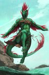 anthro bottomwear breasts claws clothing detailed_background feathers feet female front_view green_body green_scales loincloth low-angle_view midair muscular muscular_anthro muscular_female navel non-mammal_breasts outside red_body red_feathers red_scales running scales solo stripes tail thick_tail toes tribal under_boob water yellow_sclera honovy uthalla dinosaur dromaeosaurid feathered_dinosaur feathered_scalie prehistoric_species reptile scalie theropod velociraptor absurd_res hi_res