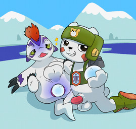 anal anal_penetration anus balls big_balls boots boots_only clothing duo footwear footwear_only genitals improvised_dildo improvised_sex_toy ineffective_clothing lipsticking male male/male mostly_nude penetration penis shoes snow snowball argon_vile bandai_namco digimon digimon_(species) gomamon kumamon hi_res