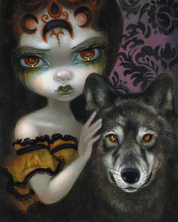 alternative_fashion ambiguous_gender black_hair clothing duo eyebrows eyelashes eyeshadow facial_markings female feral ferronniere fingers forehead_markings fur goth green_eyeshadow green_lips hair head_markings historical_european_clothing lips looking_at_viewer makeup markings pale_skin pupils red_eyes running_makeup victorian victorian_goth jasmine_becket-griffith canid canine canis human mammal wolf 2025 4:5 dated formal_art painting_(artwork) signature traditional_media_(artwork) traditional_painting_(artwork)