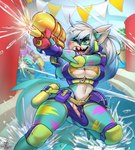 anthro big_breasts bikini blue_hair breasts cleavage clothed clothing duo erection genitals gradient_hair green_eyes gynomorph hair intersex multicolored_hair navel open_mouth penis sharp_teeth smile solo_focus swimwear teeth toy toy_gun two-piece_swimsuit water_gun white_hair drawpanther frosty_(sharky) fish marine shark hi_res