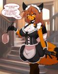 amber_eyes anthro black_body black_fur breasts brown_hair chest_tuft cleaning_tool cleavage clothed clothing feather_duster female fluffy fluffy_tail fur gloves hair handwear holding_object inside legwear looking_at_viewer maid_uniform master open_mouth orange_body orange_fur solo speech_bubble standing tail text thigh_highs tuft uniform white_body white_fur sagestrike2 dinner_bath_or_me fulvus canid canine fox mammal 2019 absurd_res english_text hi_res