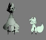 anthro black_body black_eyes black_fur black_nose blue_body blue_ears blue_fur blue_hair blue_tail creepy duo eyeless female front_view fur grey_background hair looking_at_another multicolored_body multicolored_fur open_mouth scared simple_background standing tail two_tone_body two_tone_fur nitarustarium chikn_nuggit slushi_(chikn_nuggit) arctic_fox canid canine fox mammal true_fox 2025 digital_media_(artwork)