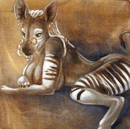 anthro big_breasts biped braided_hair breasts dreadlocks ear_piercing eyewear female glasses green_eyes hair hooves lying on_front piercing solo cadmiumtea evelyn_kuranyi giraffid mammal okapi 2014 traditional_media_(artwork)