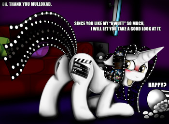 ass_up blush butt candy cutie_mark dessert dialogue female feral food fur furniture horn looking_back marshmallow open_mouth pillow presenting presenting_hindquarters sofa solo speaker text white_body white_fur james_corck hasbro my_little_pony mythology fan_character movie_slate_(character) equid equine mammal mythological_creature mythological_equine unicorn english_text