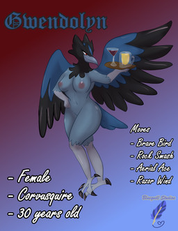 alcohol anthro beak beer beverage breasts container feathers feet female glass glass_container gwendolyn_altair hand_on_hip nude plumage red_eyes solo spread_wings tail tail_feathers talons text toes tray wine wings bluequill_studios nintendo pokemon corvisquire generation_8_pokemon pokemon_(species) absurd_res english_text hi_res